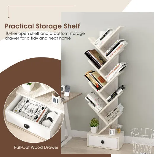 10-Tier Tree Bookshelf with Drawer and Anti-Tipping Kit-Beige
