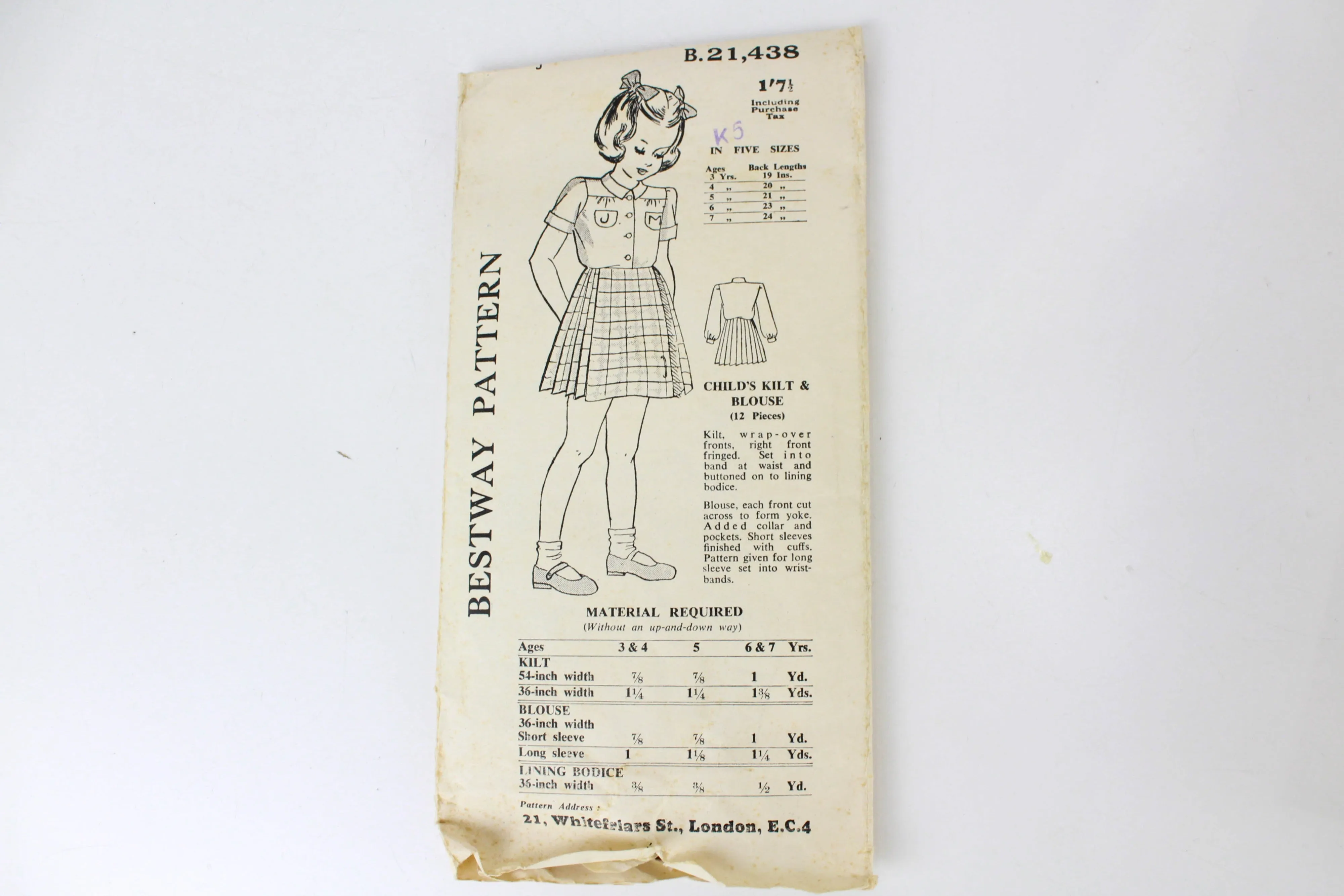 1940s Children's Kilt and Blouse Sewing Pattern Bestway 21,438, 7 Years, Complete