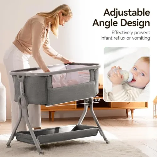 3 in 1 Baby Bassinet Bedside Sleeper, Breathable Mesh Safe Bedside Bassinet for Baby, Easy Assemble & Folding Portable Bassinet, 5 Height Adjustable Bedside Crib with Storage Basket, Mattress, Wheels