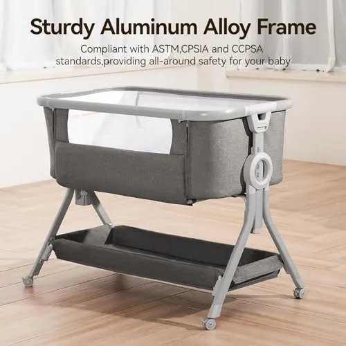 3 in 1 Baby Bassinet Bedside Sleeper, Breathable Mesh Safe Bedside Bassinet for Baby, Easy Assemble & Folding Portable Bassinet, 5 Height Adjustable Bedside Crib with Storage Basket, Mattress, Wheels