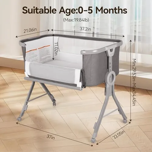 3 in 1 Baby Bassinet Bedside Sleeper, Breathable Mesh Safe Bedside Bassinet for Baby, Easy Assemble & Folding Portable Bassinet, 5 Height Adjustable Bedside Crib with Storage Basket, Mattress, Wheels