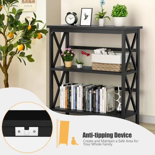 3-Tier Wooden Multi-Functional X-Design Etagere Storage Bookshelf-Black