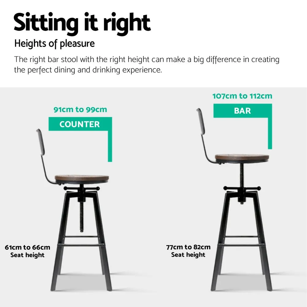 4x Bar Stools | Kitchen Dining Chairs | Adjustable Wood Stool | With Backrest