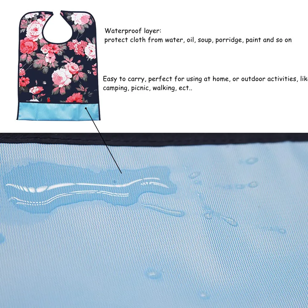 Adult Bibs, Dining Bib for Seniors with Crumb Catcher, Waterproof&Washable Eating Bibs, Clothing Protector for Seniors 2Pack Flower And Butterfly for Elderly