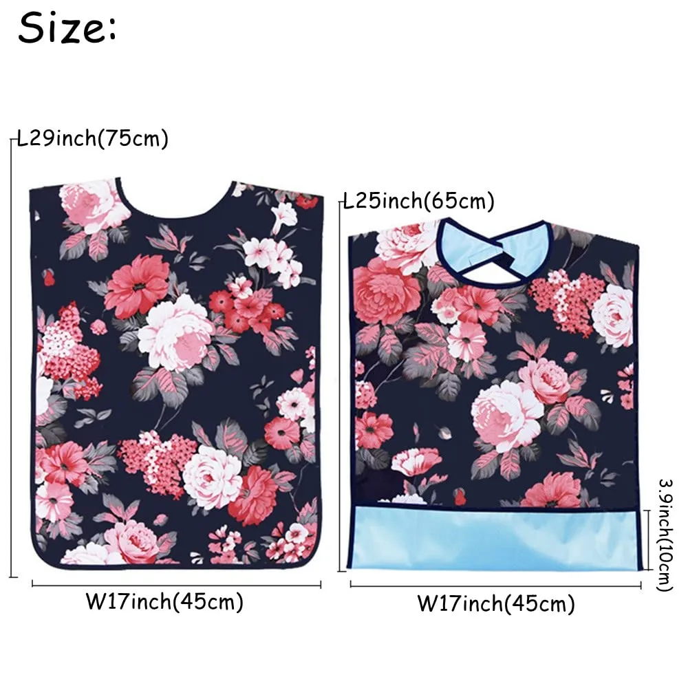 Adult Bibs, Dining Bib for Seniors with Crumb Catcher, Waterproof&Washable Eating Bibs, Clothing Protector for Seniors 2Pack Flower And Butterfly for Elderly
