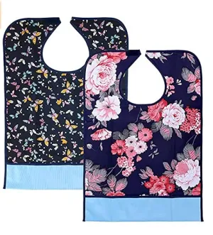 Adult Bibs, Dining Bib for Seniors with Crumb Catcher, Waterproof&Washable Eating Bibs, Clothing Protector for Seniors 2Pack Flower And Butterfly for Elderly