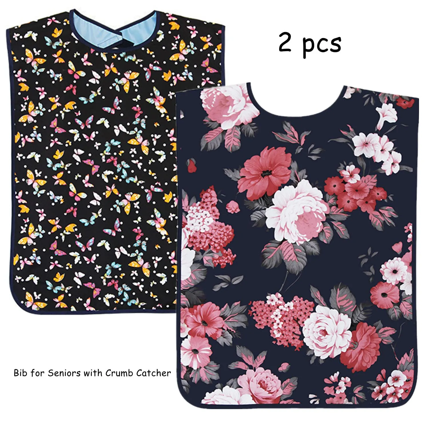 Adult Bibs, Dining Bib for Seniors with Crumb Catcher, Waterproof&Washable Eating Bibs, Clothing Protector for Seniors 2Pack Flower And Butterfly for Elderly