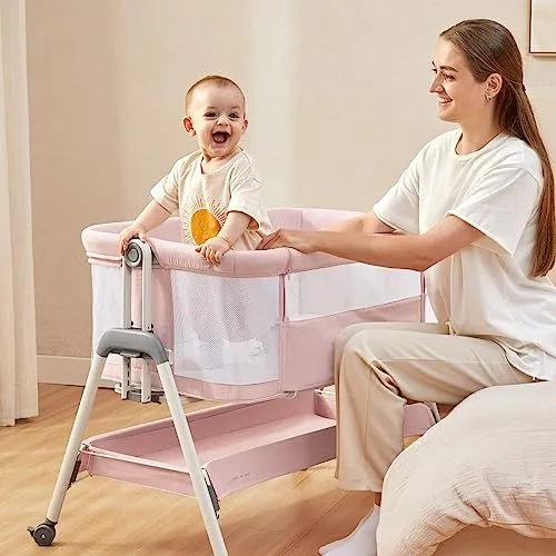 ANGELBLISS Baby Bassinet Bedside Sleeper, Easy Folding Portable Bassinet for Baby with Wheels, Adjustable Height, Included Mattress (Beige)