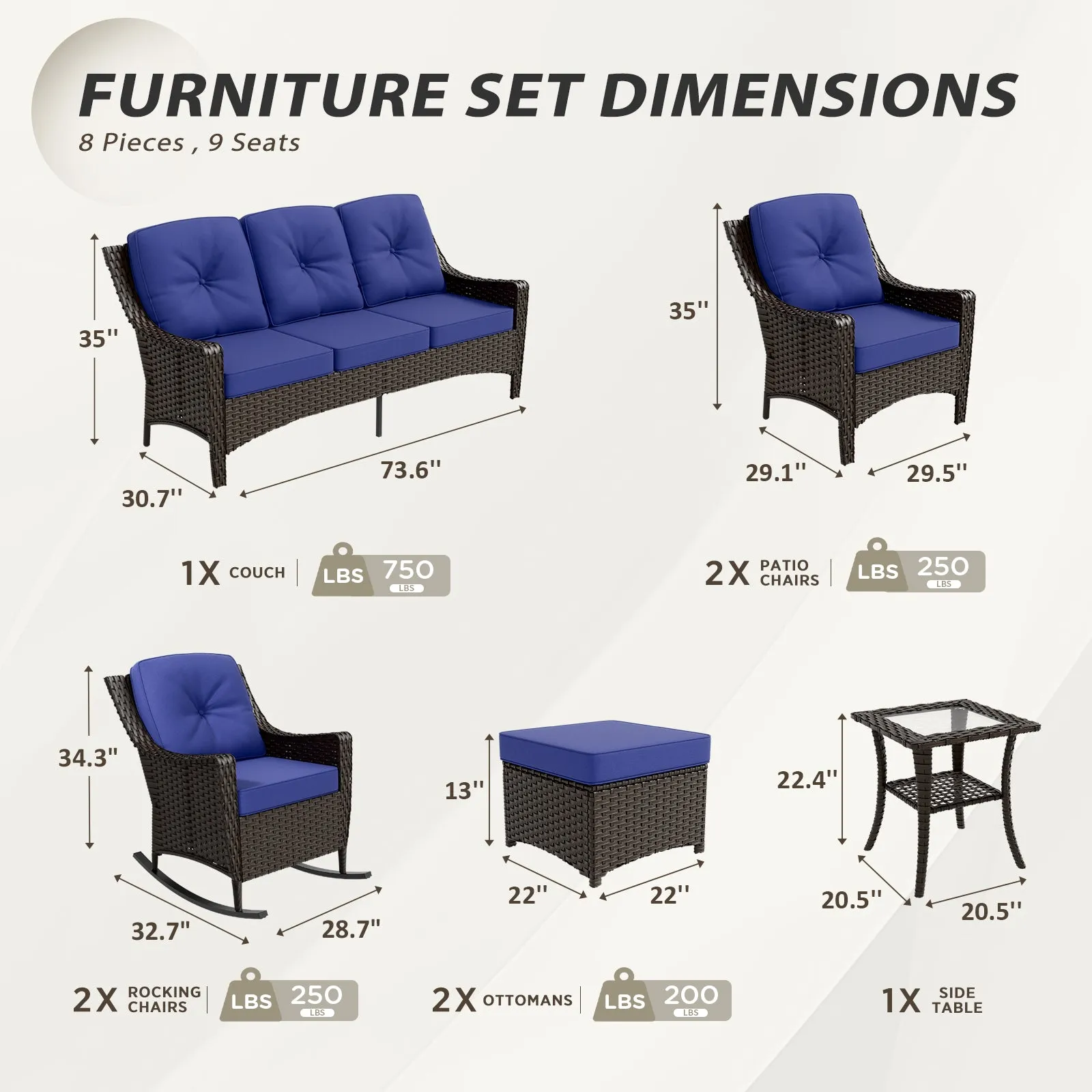 Azure Bay Wicker Outdoor Patio Furniture Set w/ Rocking Chairs, 8 Pieces