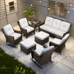Azure Bay Wicker Outdoor Patio Furniture Set w/ Rocking Chairs, 8 Pieces