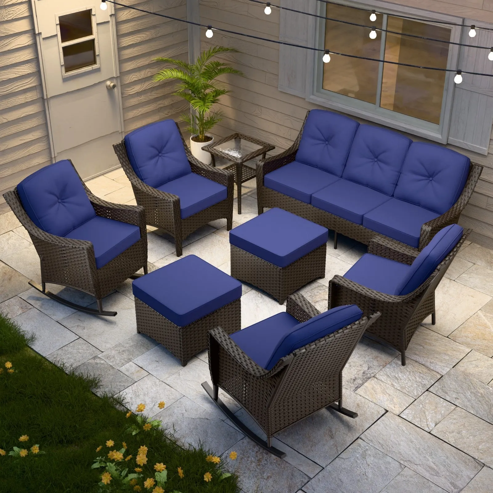 Azure Bay Wicker Outdoor Patio Furniture Set w/ Rocking Chairs, 8 Pieces