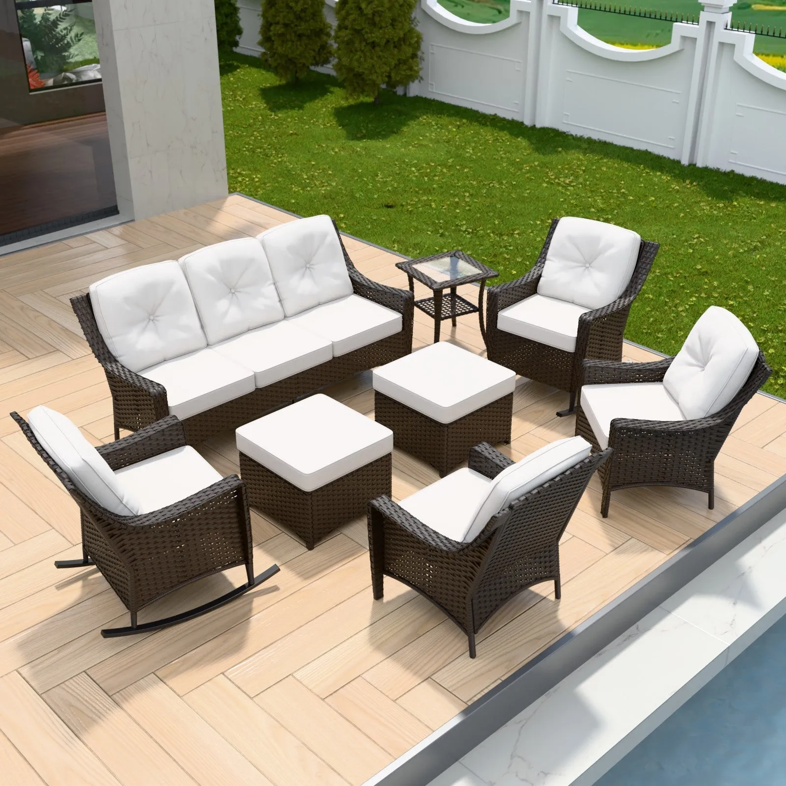 Azure Bay Wicker Outdoor Patio Furniture Set w/ Rocking Chairs, 8 Pieces