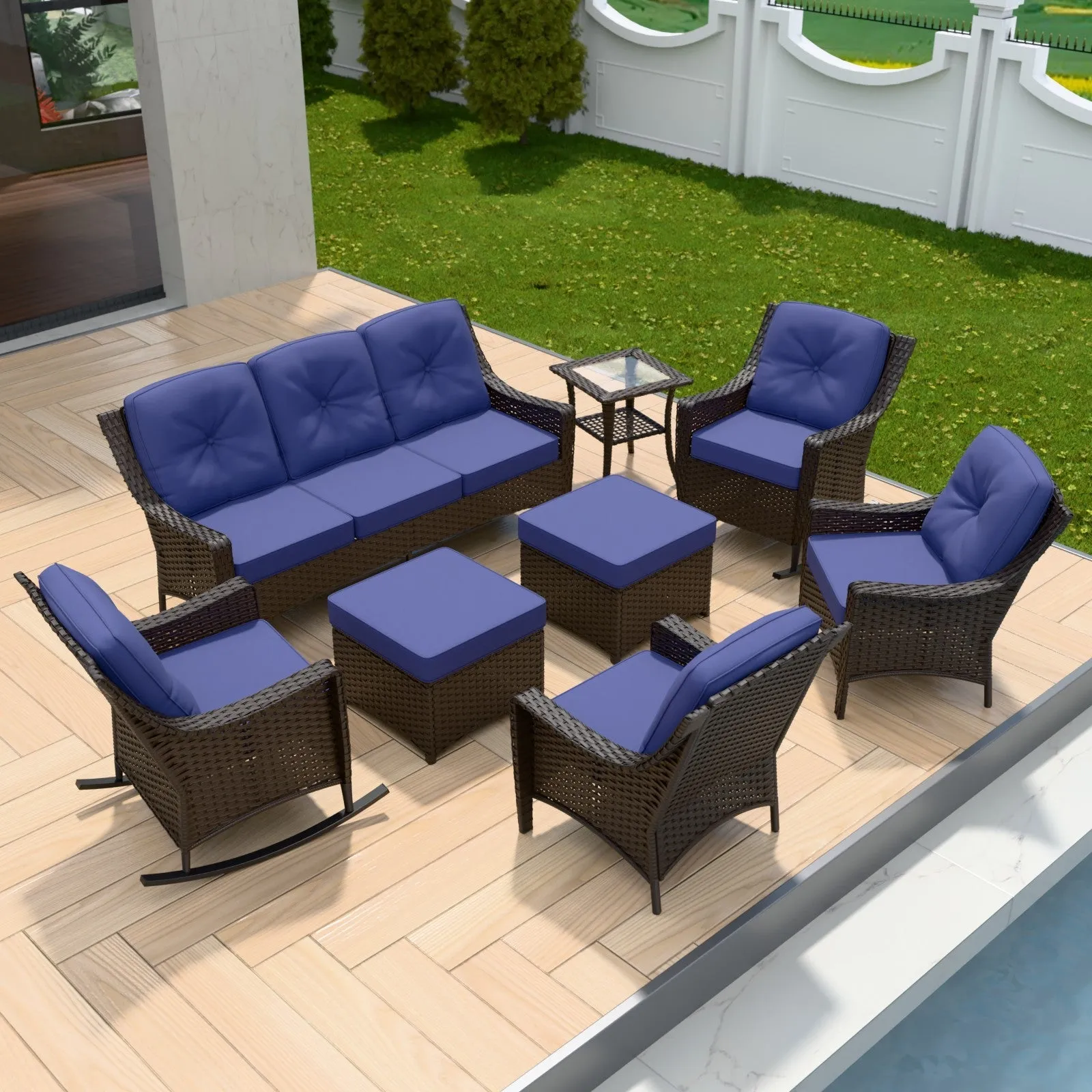 Azure Bay Wicker Outdoor Patio Furniture Set w/ Rocking Chairs, 8 Pieces