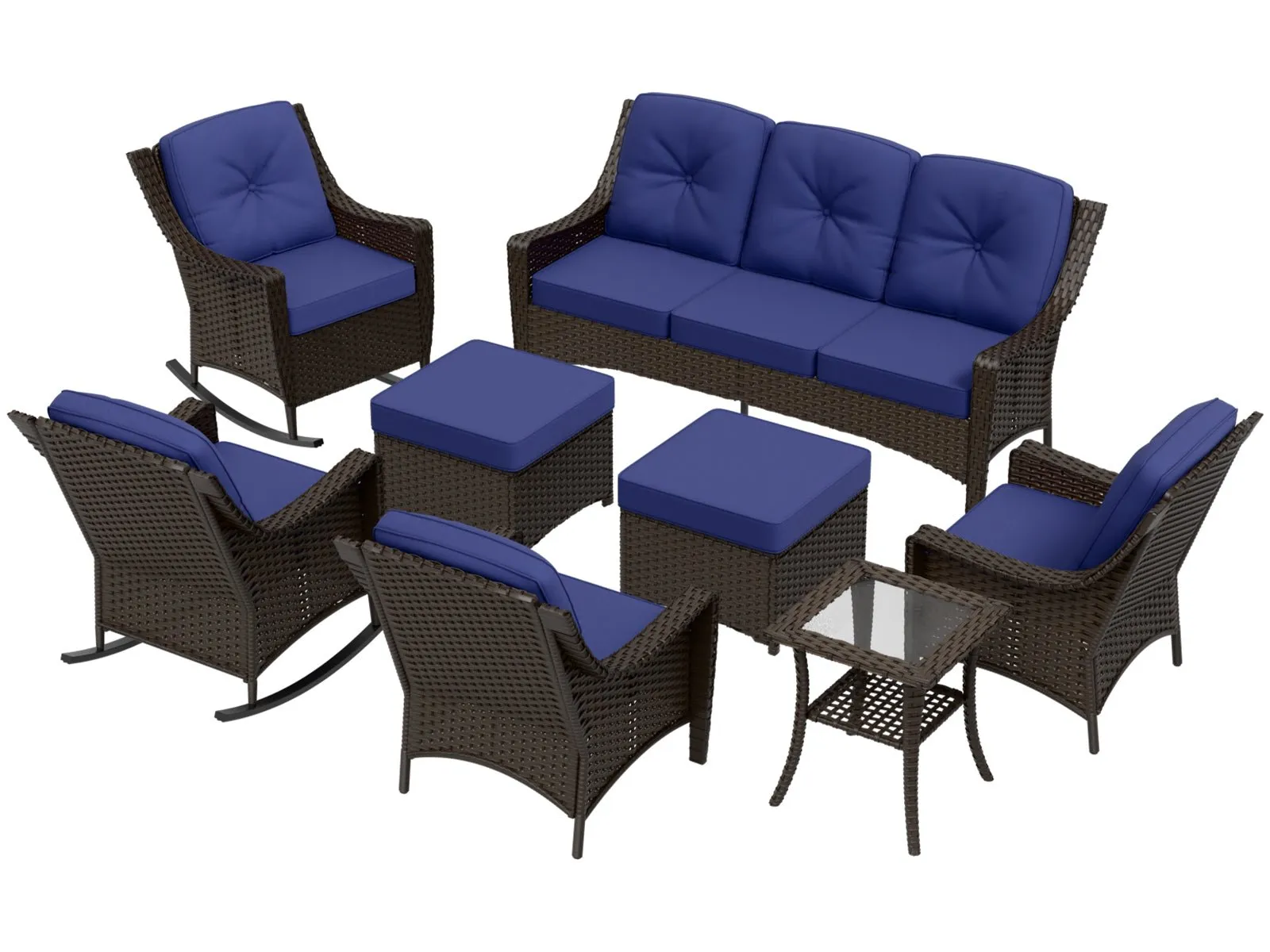 Azure Bay Wicker Outdoor Patio Furniture Set w/ Rocking Chairs, 8 Pieces