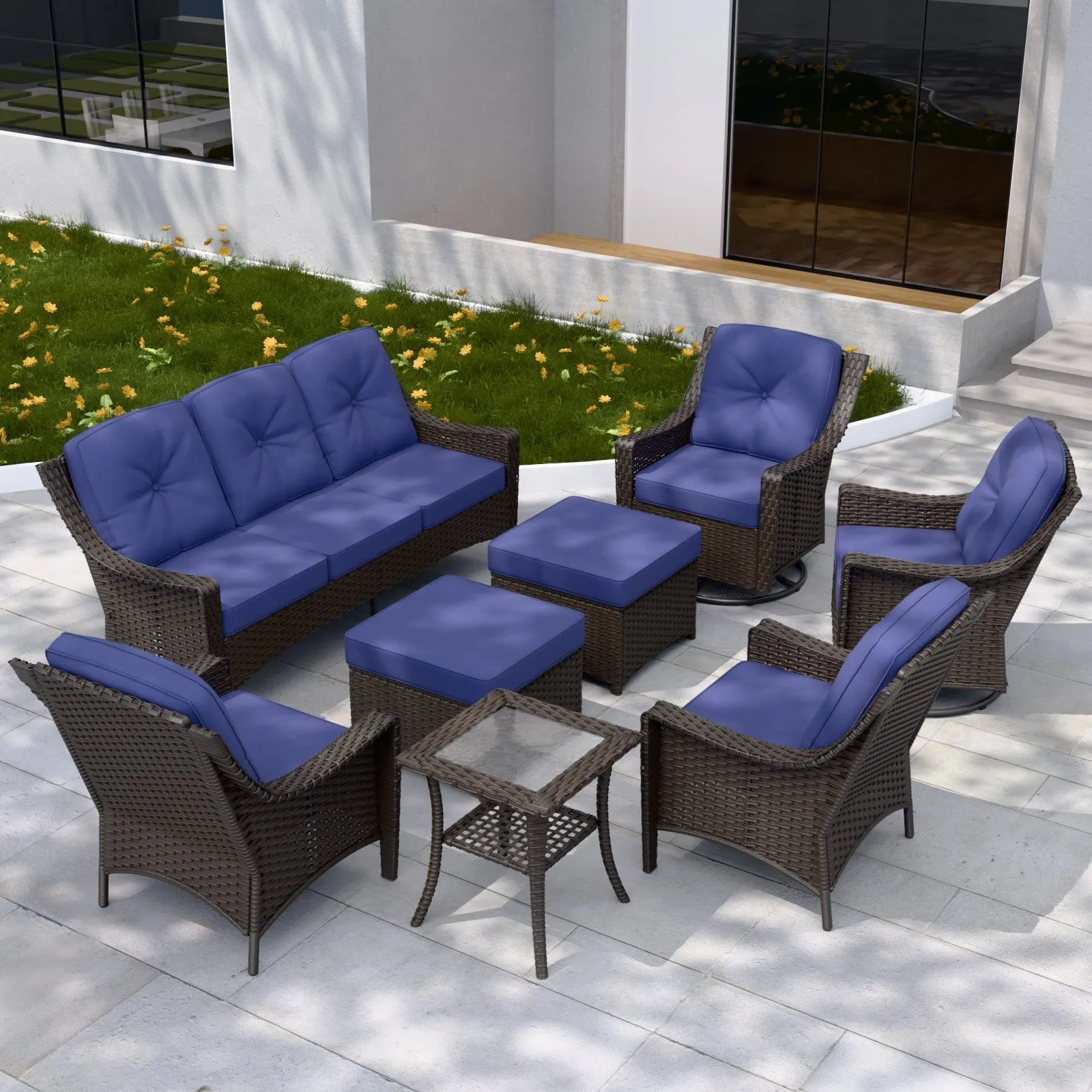 Azure Bay Wicker Outdoor Patio Furniture Set w/ Swivel Chairs, 8 Pieces