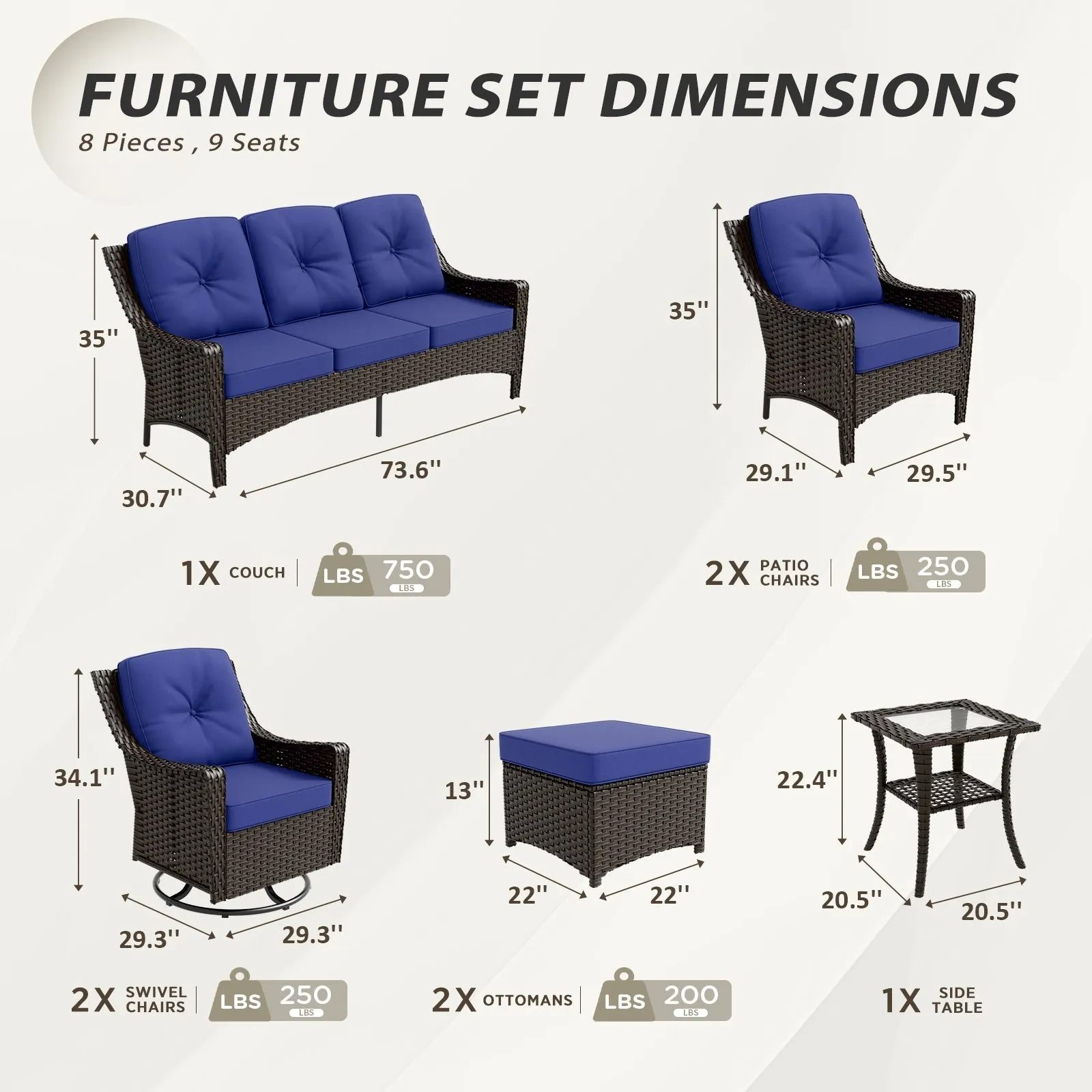 Azure Bay Wicker Outdoor Patio Furniture Set w/ Swivel Chairs, 8 Pieces