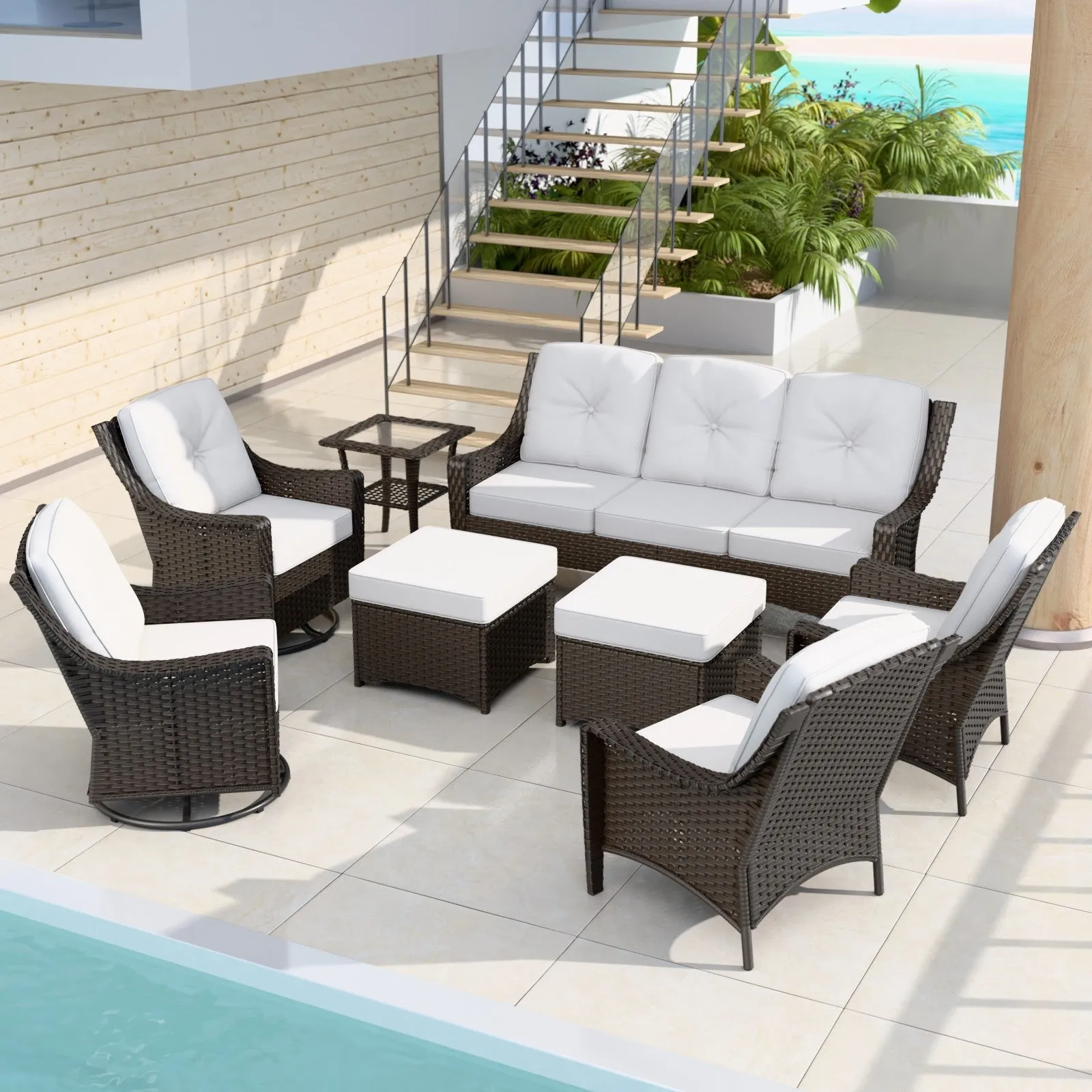 Azure Bay Wicker Outdoor Patio Furniture Set w/ Swivel Chairs, 8 Pieces