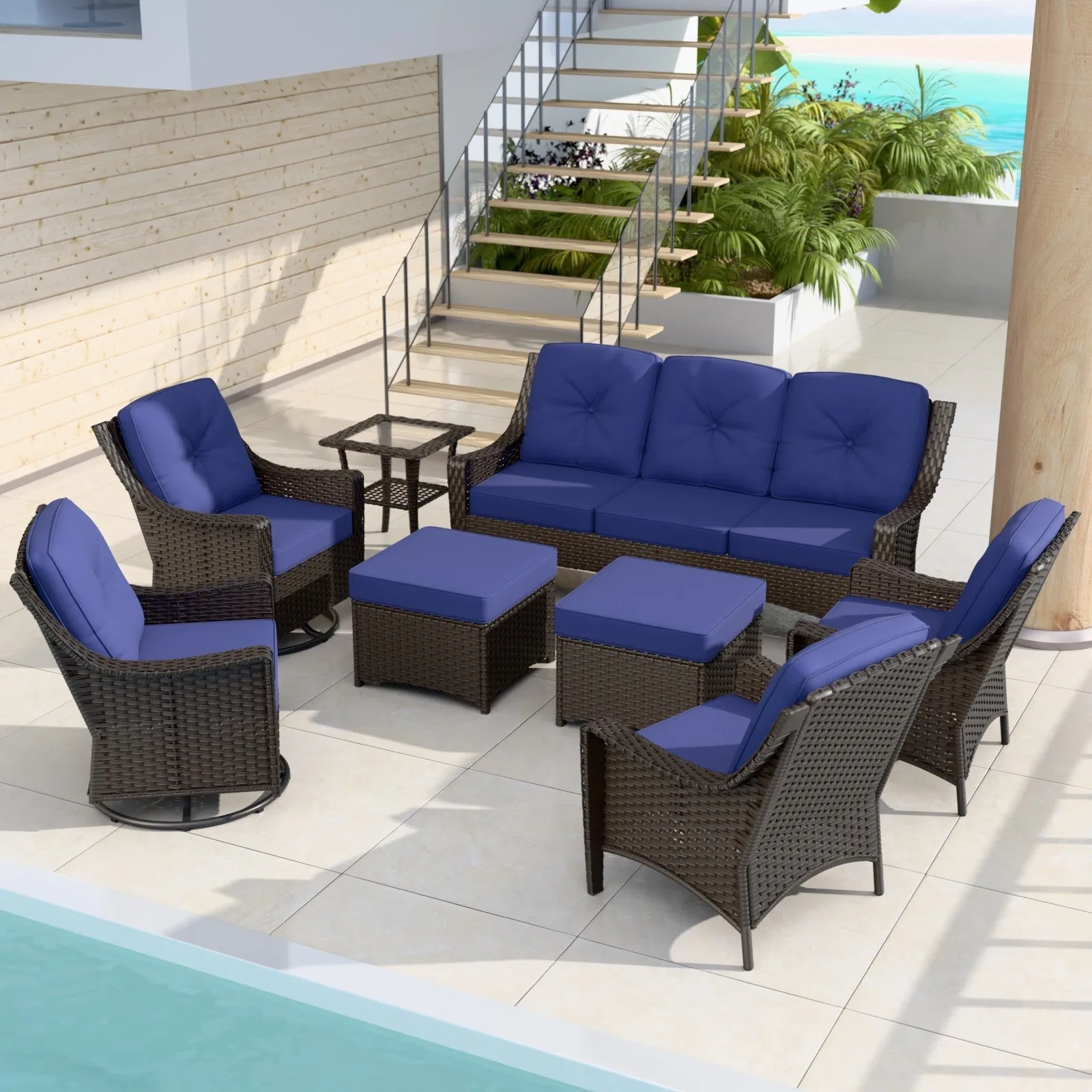 Azure Bay Wicker Outdoor Patio Furniture Set w/ Swivel Chairs, 8 Pieces