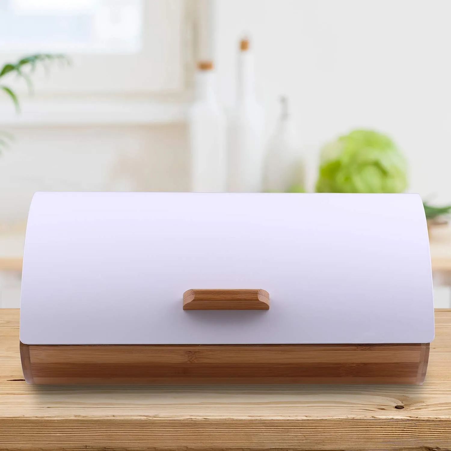 Bamboo Wood Bread Bin With Stainless Steel-White