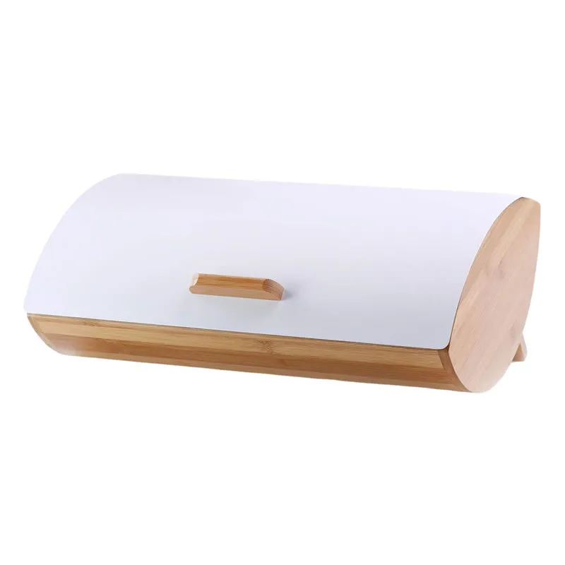 Bamboo Wood Bread Bin With Stainless Steel-White