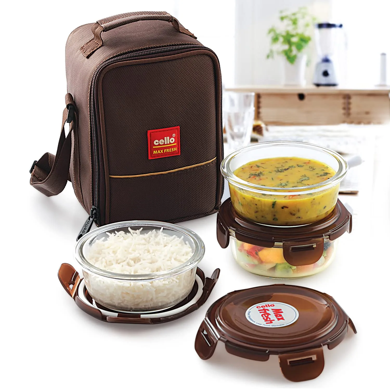 Cello Quick 2 Slice Pop Up 300 Toaster (Red) & Cello Maxfresh Glassy Seal O Fresh Round Borosilicate Microwavable Glass Lunch Box, Brown, 400 ml Each, Set of 3