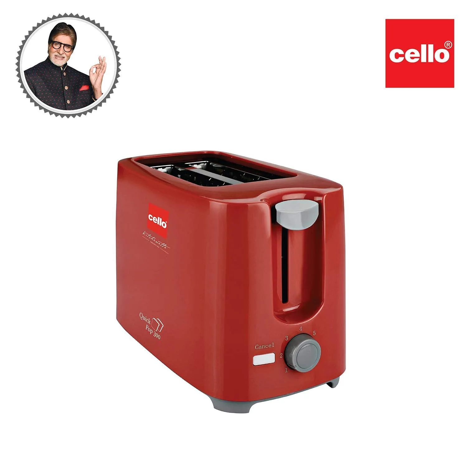 Cello Quick 2 Slice Pop Up 300 Toaster (Red) & Cello Maxfresh Glassy Seal O Fresh Round Borosilicate Microwavable Glass Lunch Box, Brown, 400 ml Each, Set of 3