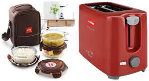 Cello Quick 2 Slice Pop Up 300 Toaster (Red) & Cello Maxfresh Glassy Seal O Fresh Round Borosilicate Microwavable Glass Lunch Box, Brown, 400 ml Each, Set of 3