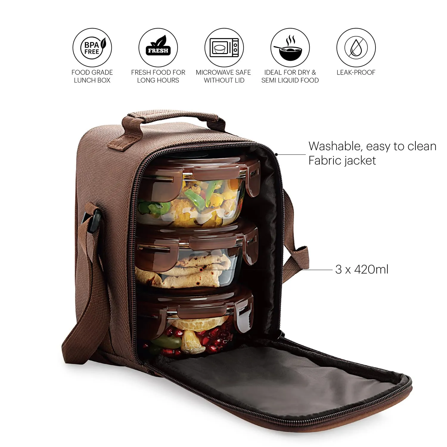 Cello Quick 2 Slice Pop Up 300 Toaster (Red) & Cello Maxfresh Glassy Seal O Fresh Round Borosilicate Microwavable Glass Lunch Box, Brown, 400 ml Each, Set of 3