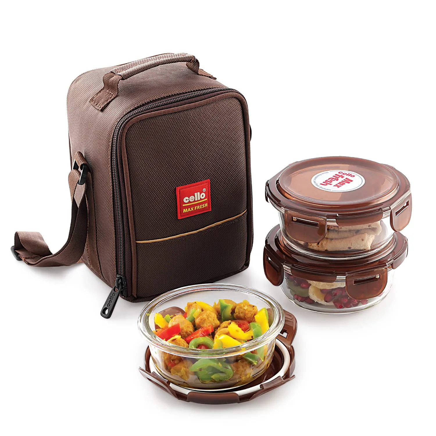 Cello Quick 2 Slice Pop Up 300 Toaster (Red) & Cello Maxfresh Glassy Seal O Fresh Round Borosilicate Microwavable Glass Lunch Box, Brown, 400 ml Each, Set of 3