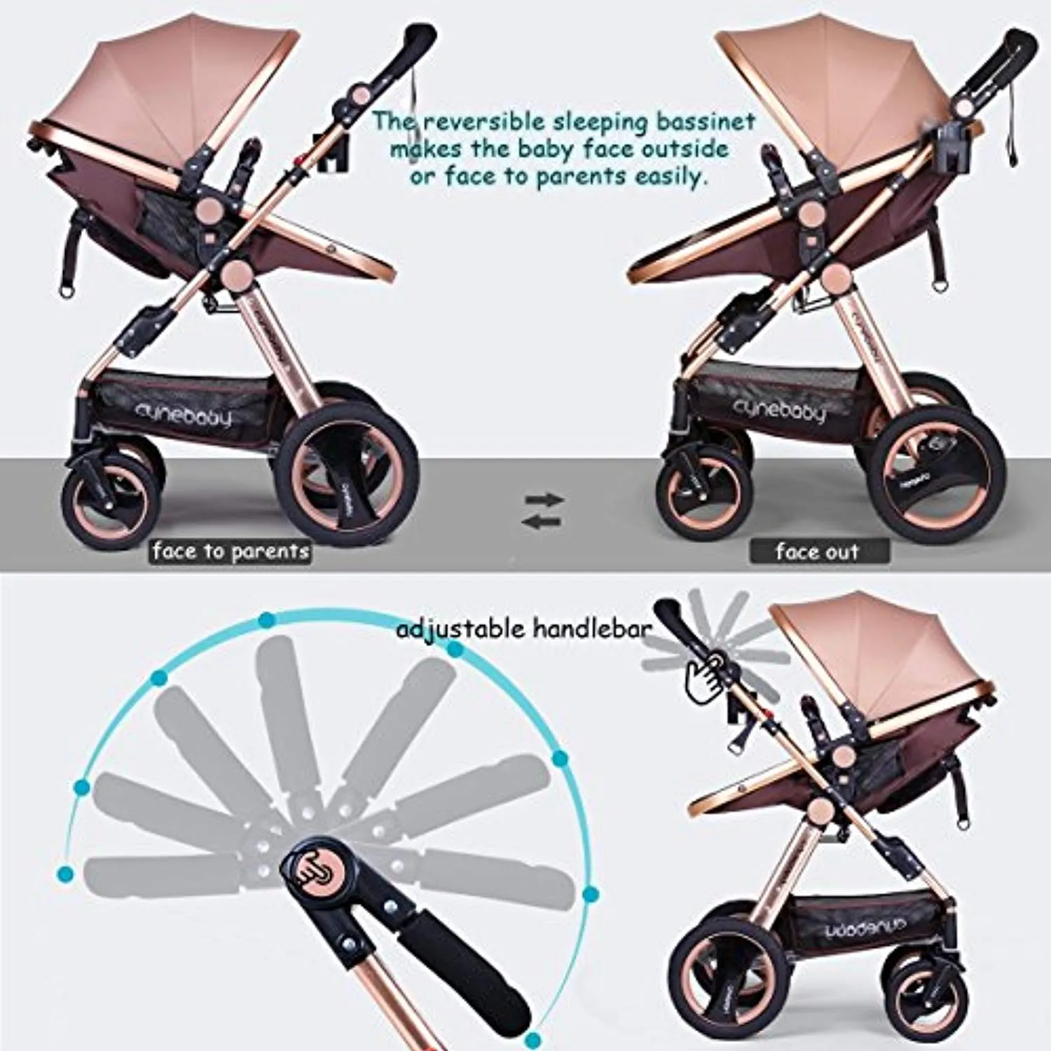 Convertible Bassinet Stroller Compact Single Baby Carriage Toddler Seat Stroller Luxury Pram Stroller add Cup Holder