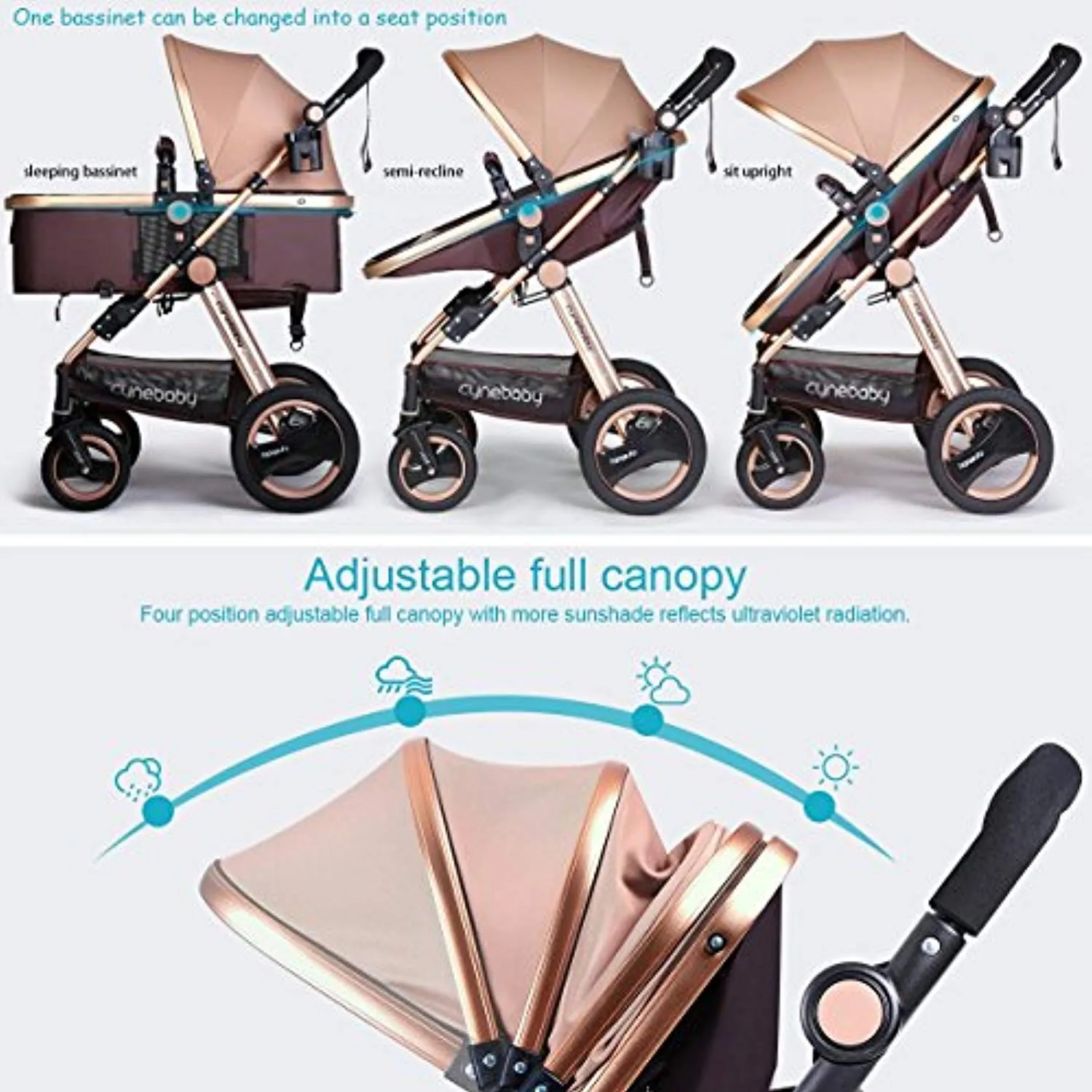 Convertible Bassinet Stroller Compact Single Baby Carriage Toddler Seat Stroller Luxury Pram Stroller add Cup Holder