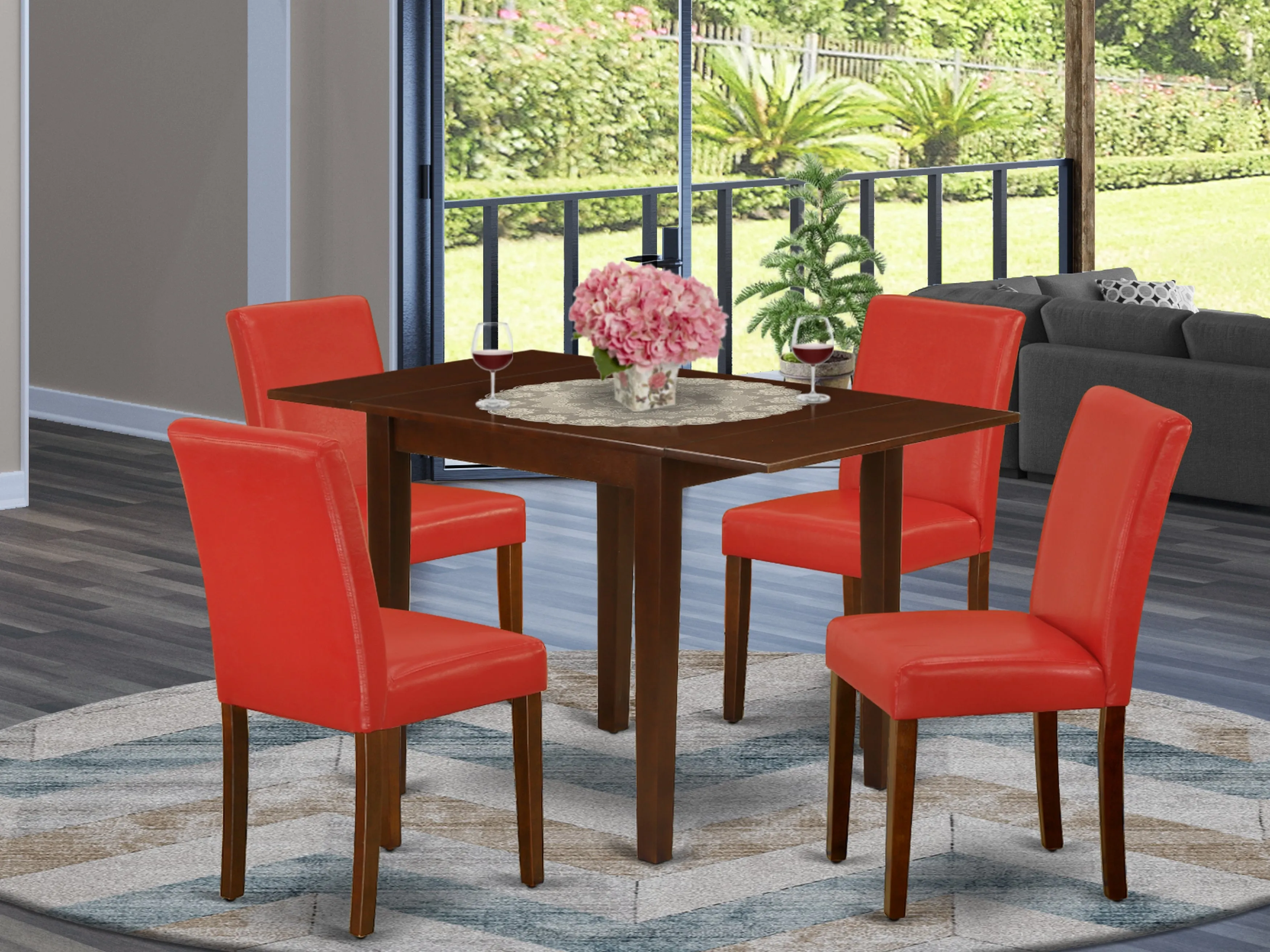 East West Furniture 1NDAB5-MAH-72 5 Piece Dining Table Set Includes a Rectangle Kitchen Table with Dropleaf and 4 Firebrick Red Faux Leather Upholstered Chairs, 30x48 Inch, Mahogany