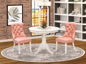 East West Furniture ANDA3-LWH-23 3 Piece Dinette Set for Small Spaces Consists of a Round Kitchen Table with Pedestal and 2 Upholstered Parson Chairs, 36x36 Inch, linen white