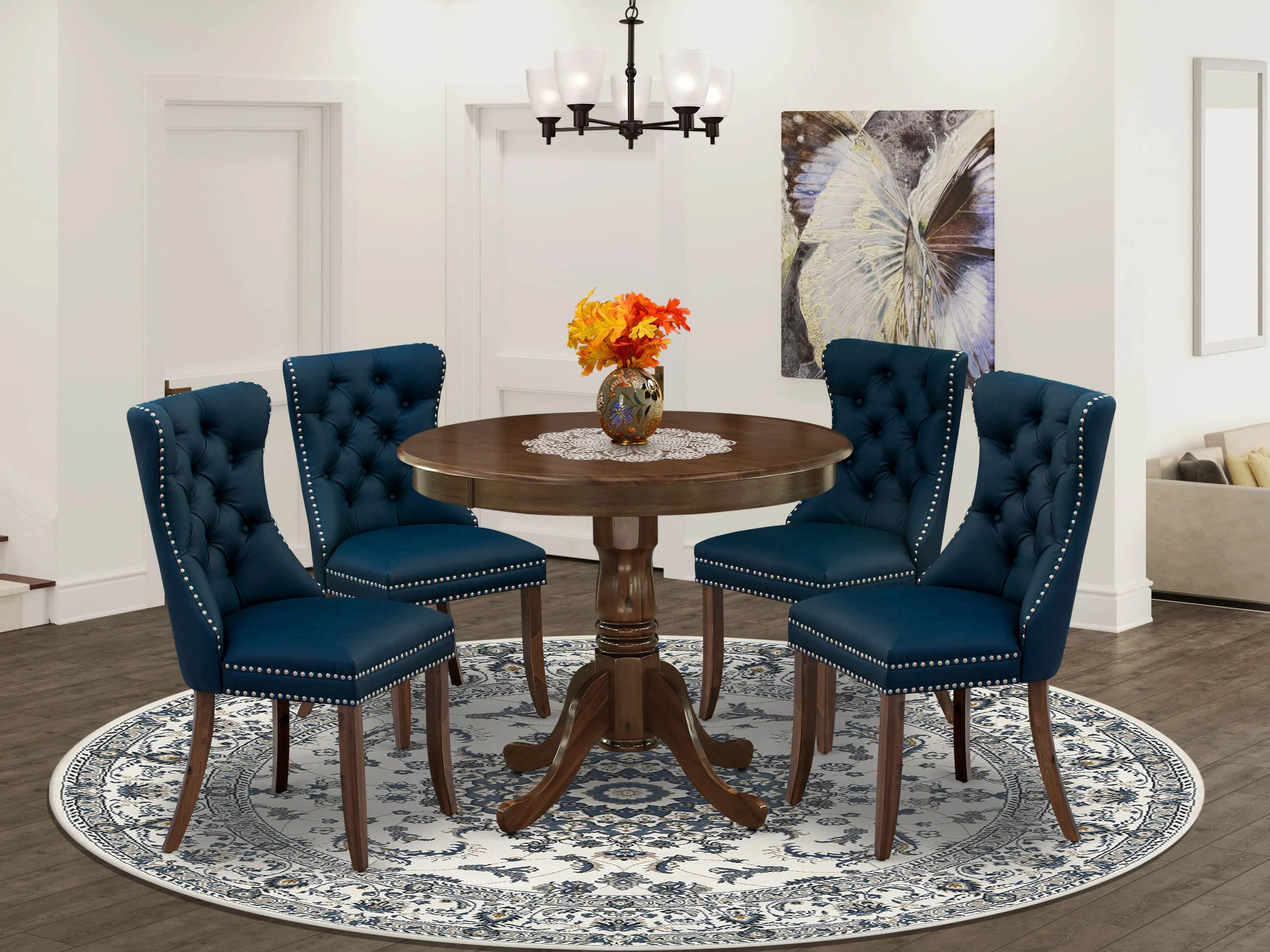 East West Furniture ANDA5-AWA-29 5 Piece Kitchen Table & Chairs Set Contains a Round Dining Table with Pedestal and 4 Upholstered Chairs, 36x36 Inch, Antique Walnut