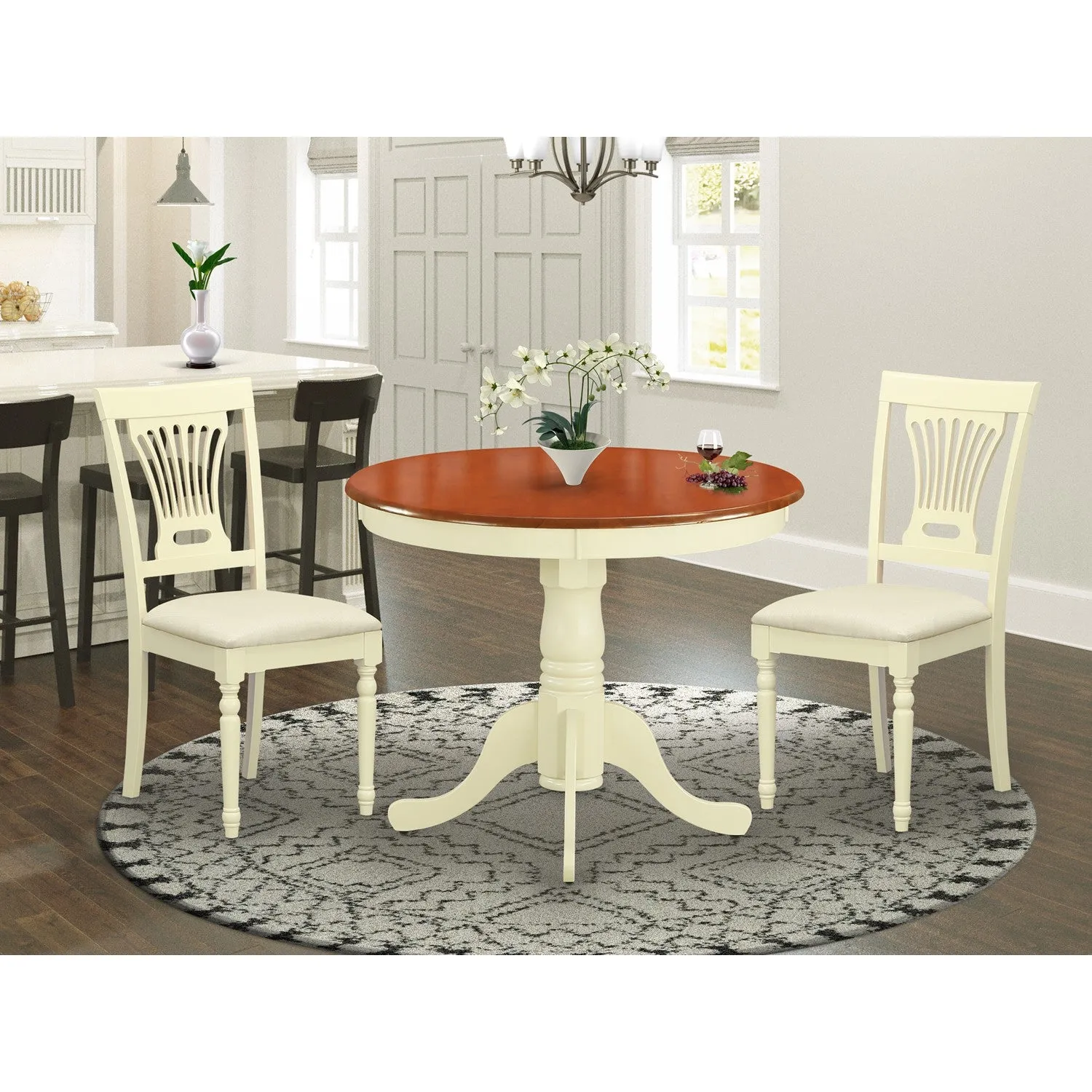 East West Furniture ANPL3-WHI-C 3 Piece Dining Table Set for Small Spaces Contains a Round Kitchen Table with Pedestal and 2 Linen Fabric Kitchen Dining Chairs, 36x36 Inch, Buttermilk & Cherry