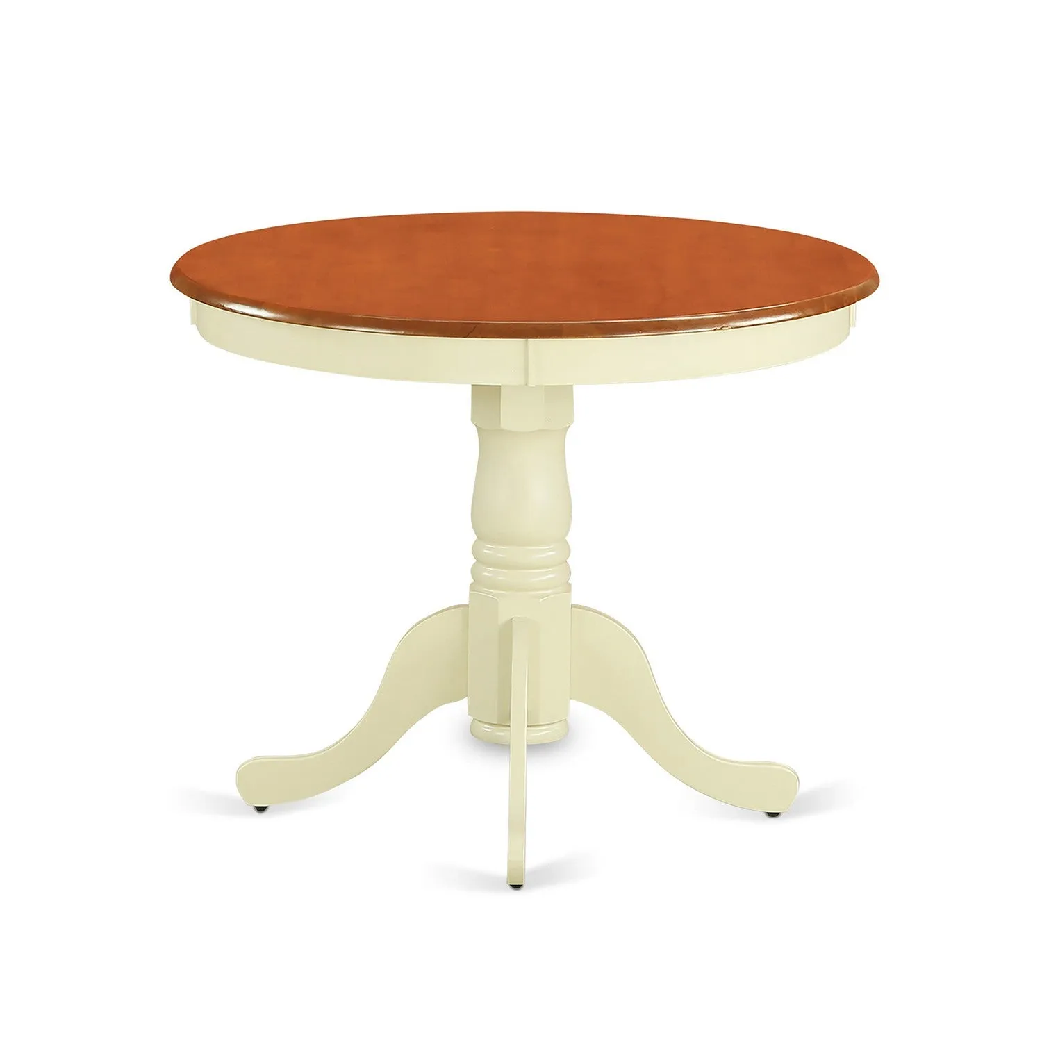 East West Furniture ANPL3-WHI-C 3 Piece Dining Table Set for Small Spaces Contains a Round Kitchen Table with Pedestal and 2 Linen Fabric Kitchen Dining Chairs, 36x36 Inch, Buttermilk & Cherry