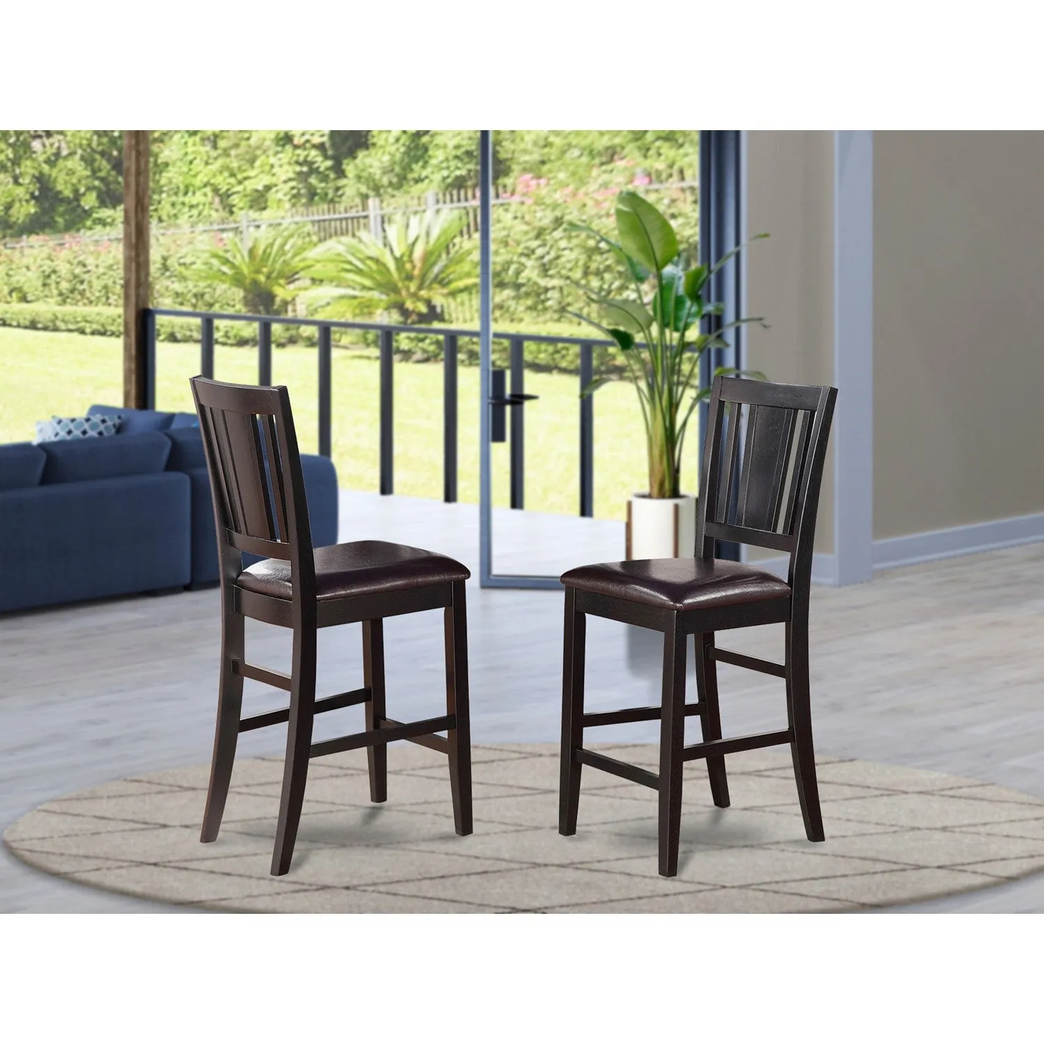 East West Furniture BUS-BLK-LC Buckland Counter Height Stools - Faux Leather Upholstered Wooden Chairs, Set of 2, Black