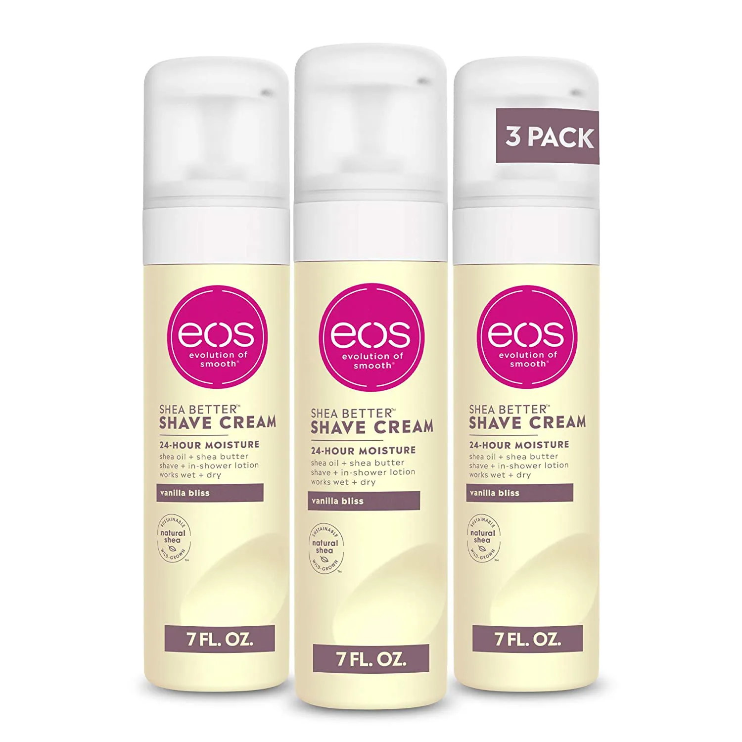 Eos Shea Better Shaving Cream for Women - Vanilla Bliss, Shave Cream, Skin Care and Lotion with Shea Butter and Aloe, 24 Hour Hydration, 7 Fl Oz, Pack of 3