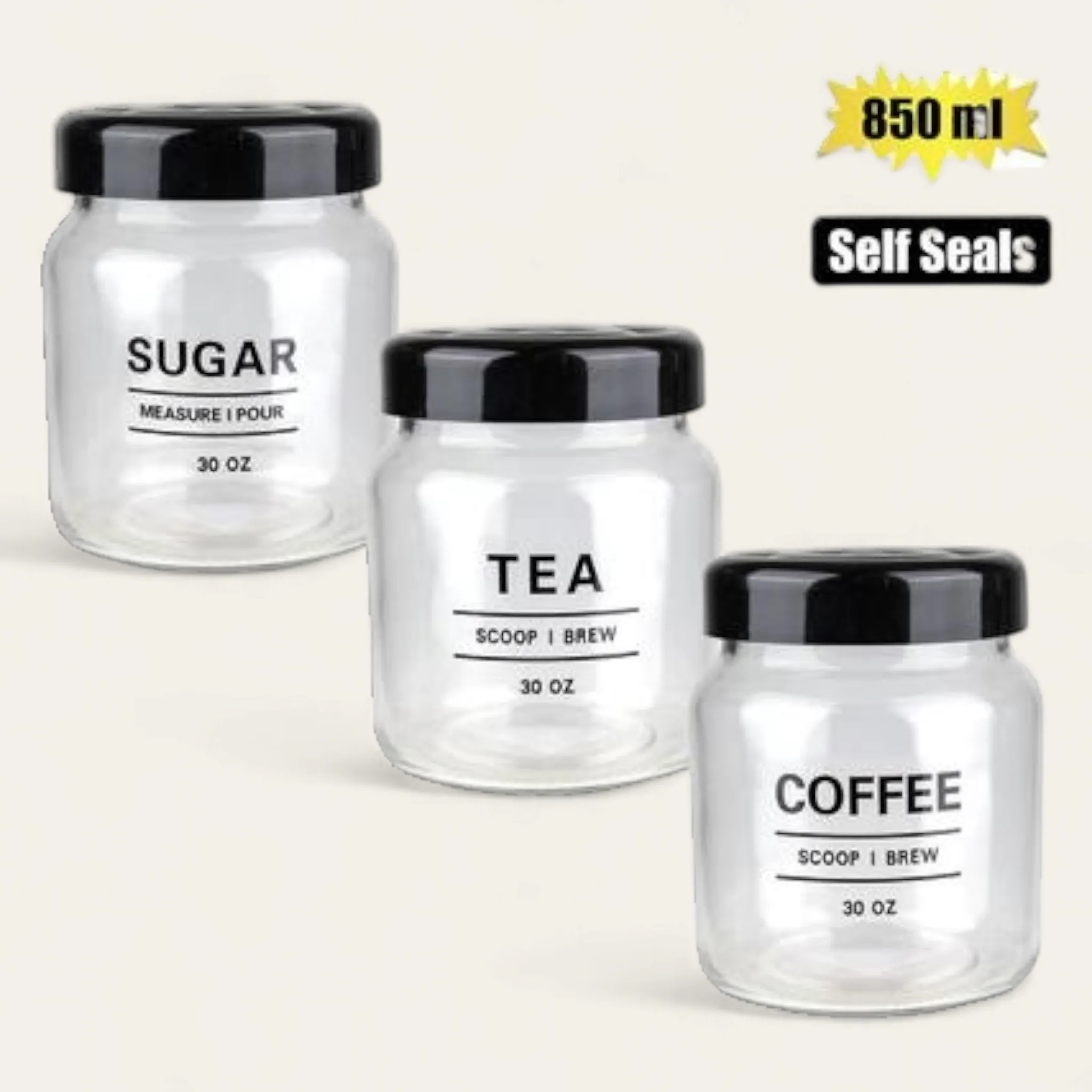 Glass Storage Jar 3pc Set Sugar- Tea-Coffee 850ml