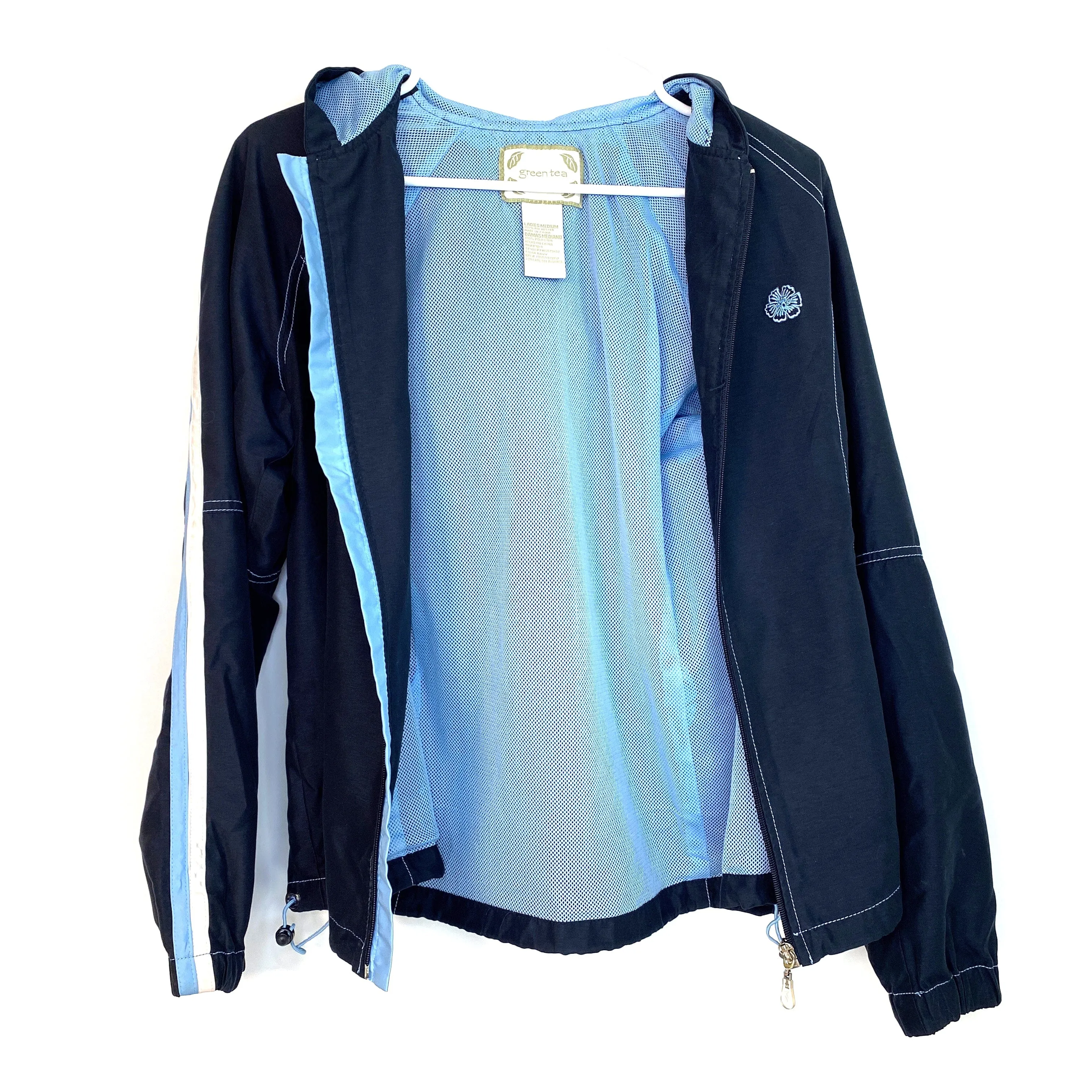 Green Tea Womens Hooded Lined Full-Zip Jacket | Size M | Navy Blue with Light Blue Accents | VGC