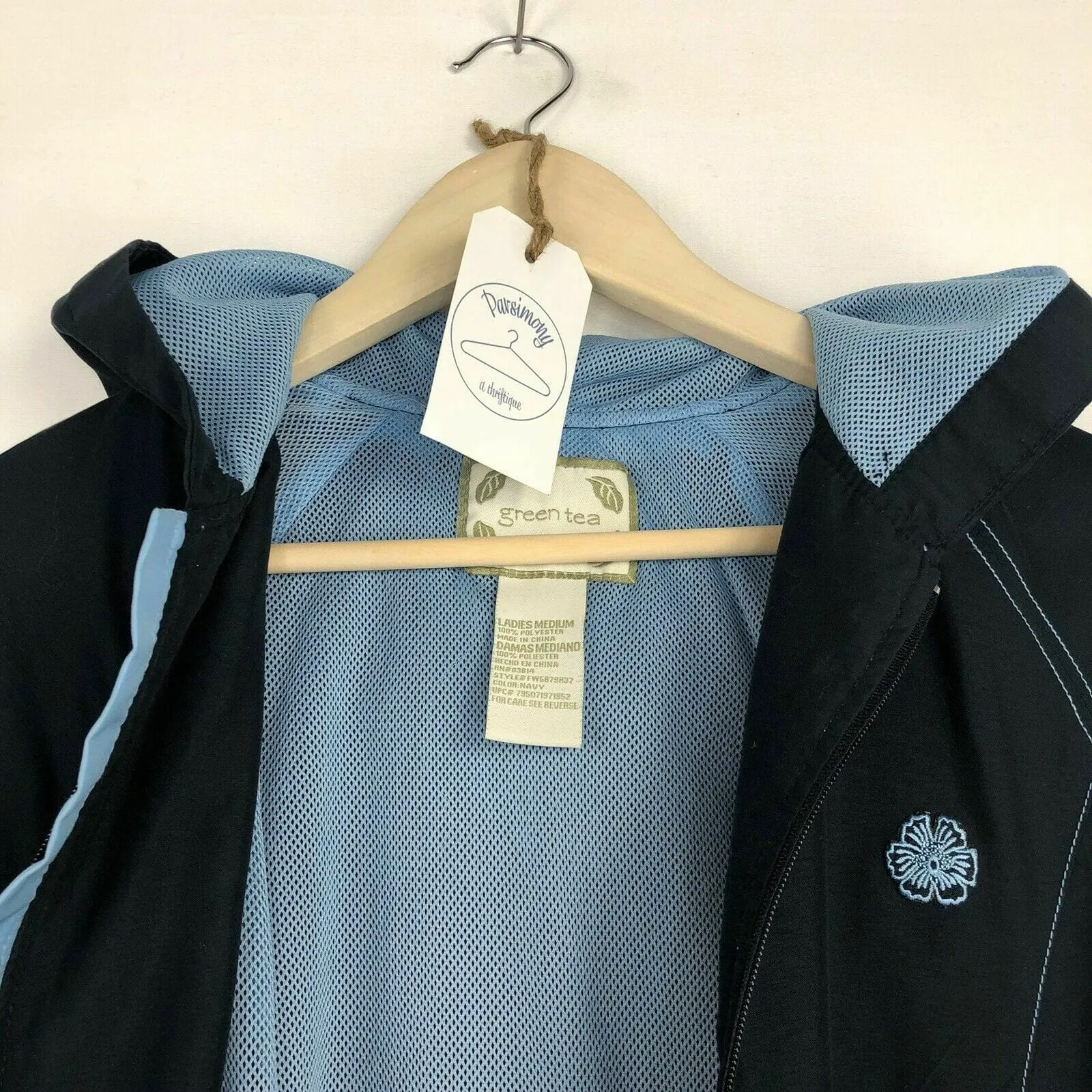 Green Tea Womens Hooded Lined Full-Zip Jacket | Size M | Navy Blue with Light Blue Accents | VGC