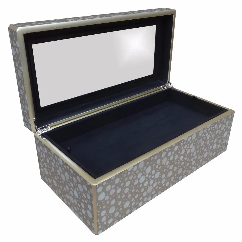 Handmade Reverse Painted Mirror Rectangular Box in White and Beige Dots