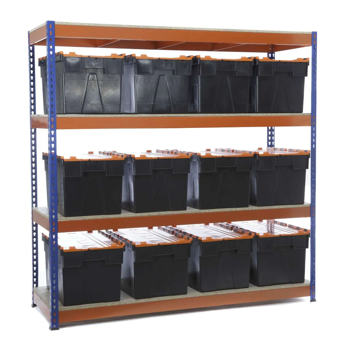 Heavy Duty Shelving Blue and Orange 4 Levels 1800 x 1800 x 600 | With 12 65LTR CROC Storage Boxes