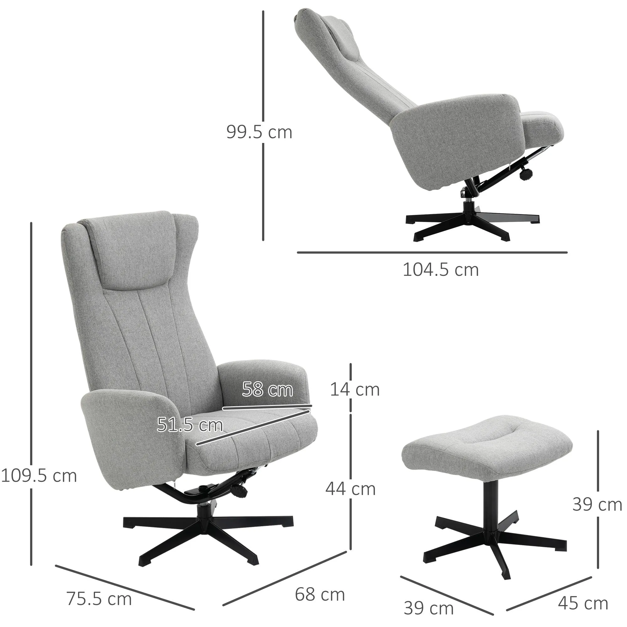 HOMCOM Recliner and Ottoman Thick Padded Cushion Adjustable Back Light Grey