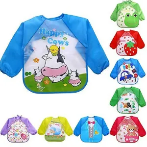 KOOCHIE-KOO Waterproof Colorful Children Bib Cute Baby Bibs Full Sleeve Children Apron Long Sleeve Feeding Bibs (Pack of 2)