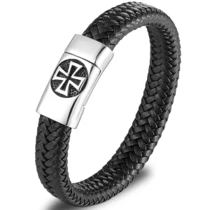Leather Bracelet for Men  Blue Black Brown Stainless Steel Safety Magnetic Clasp Buckle. Top Grain Leather Casual Cuff  Wristbands. Great Gift for Father's Day (Black with Cross)