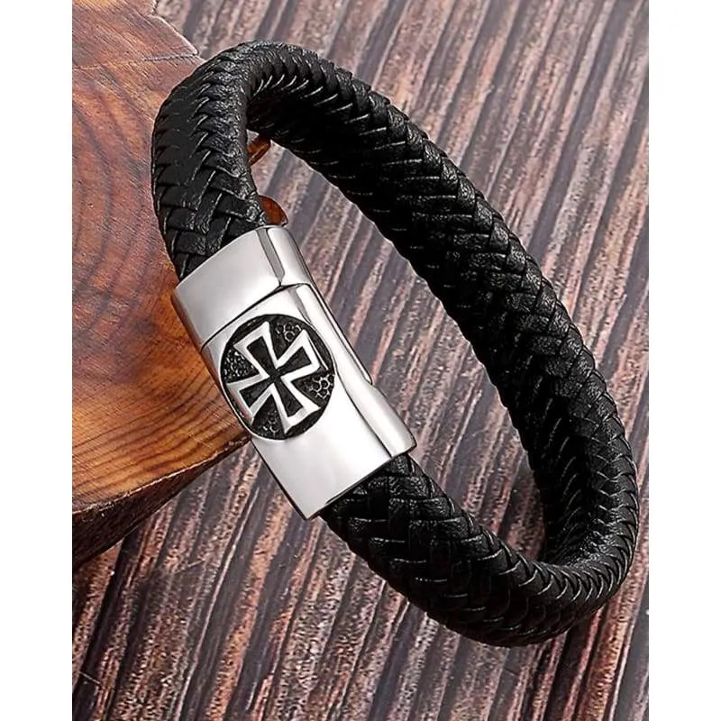 Leather Bracelet for Men  Blue Black Brown Stainless Steel Safety Magnetic Clasp Buckle. Top Grain Leather Casual Cuff  Wristbands. Great Gift for Father's Day (Black with Cross)