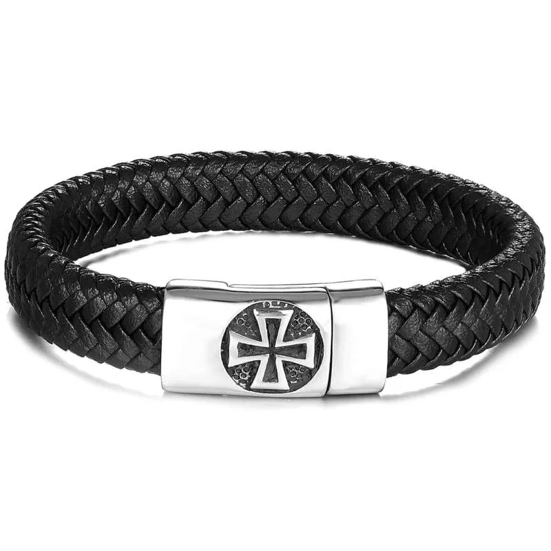 Leather Bracelet for Men  Blue Black Brown Stainless Steel Safety Magnetic Clasp Buckle. Top Grain Leather Casual Cuff  Wristbands. Great Gift for Father's Day (Black with Cross)