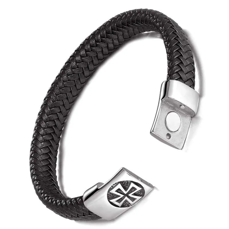 Leather Bracelet for Men  Blue Black Brown Stainless Steel Safety Magnetic Clasp Buckle. Top Grain Leather Casual Cuff  Wristbands. Great Gift for Father's Day (Black with Cross)