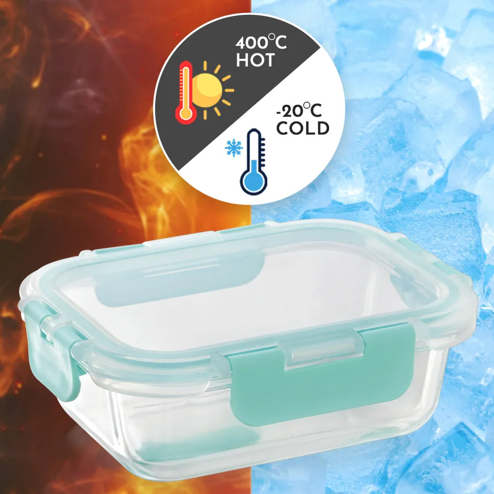 Magnus Glock Glass Food Rectangle Container with Break-Free Detachable Lock, Borosilicate Glass Lunch Box, Oven & Microwave Safe, 370ML - Kitchen Essentials, Lunch Boxes for Office Men | Green